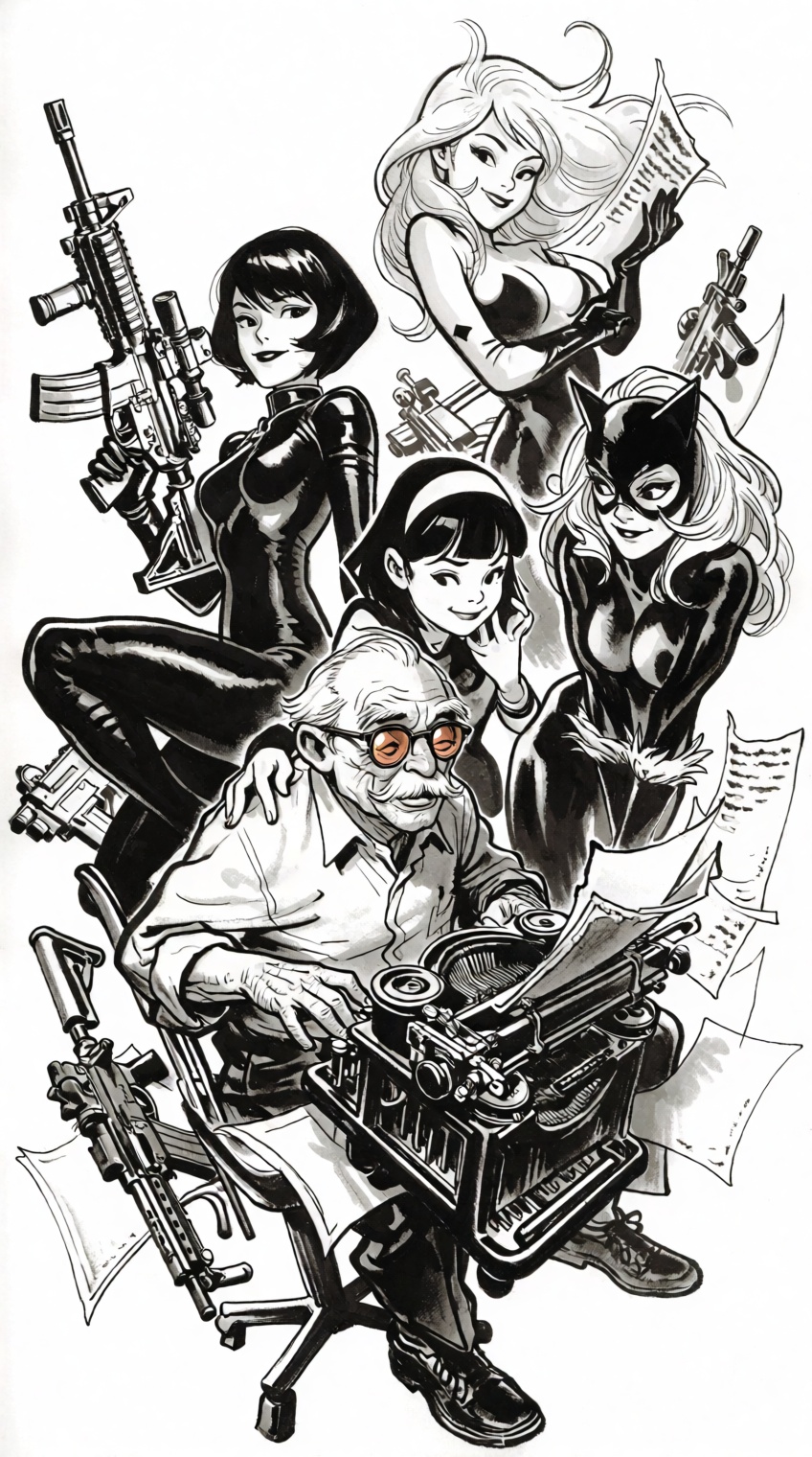 A dynamic,  multi-character tribute illustration drawn in black and white ink,  featuring a genial elderly comic creator w...