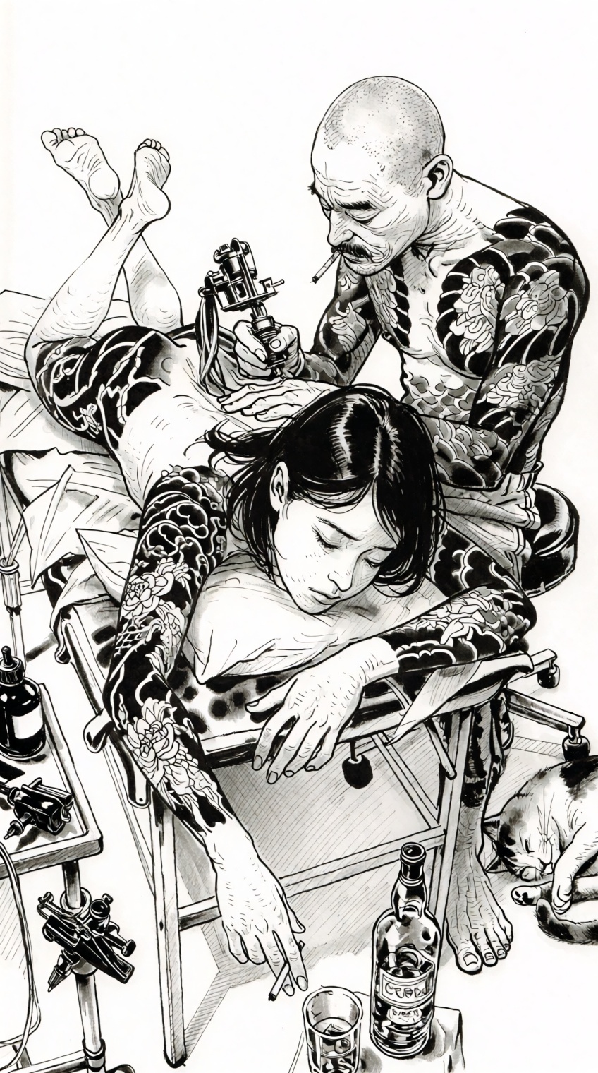 An intricate,  narrative-driven black-and-white ink illustration depicting an intimate tattoo session from an elevated thr...