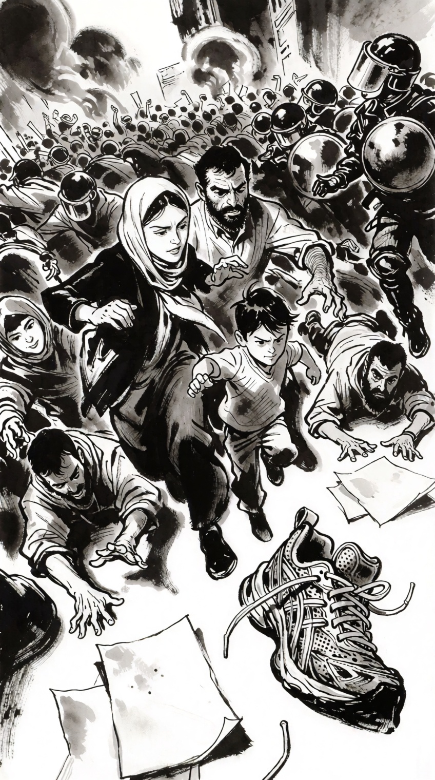 A frenetic,  emotionally gripping monochrome ink illustration depicting a frantic crowd stampede during an urban civil upr...