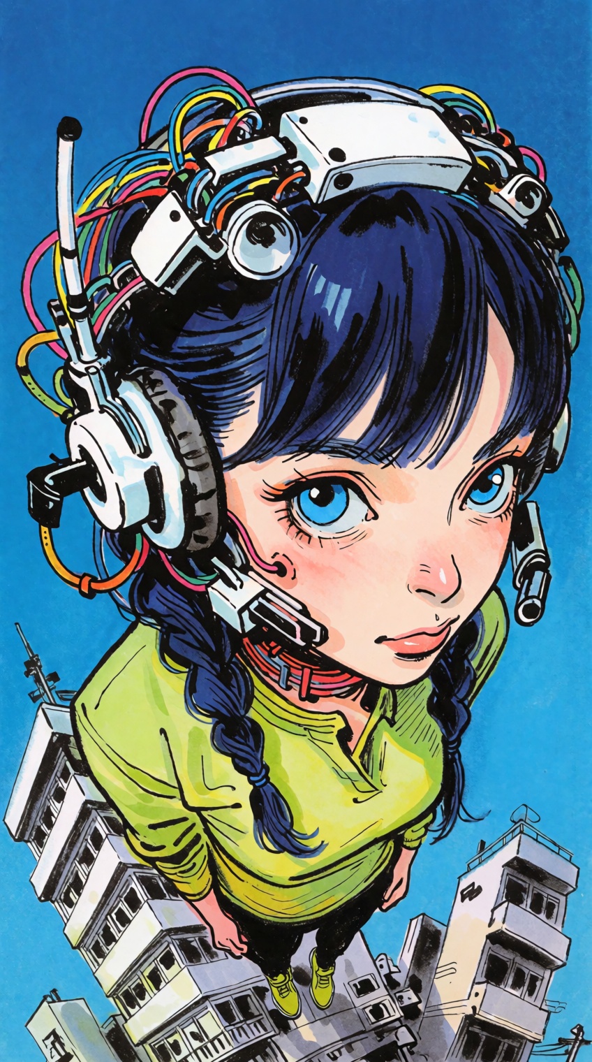 extreme overhead fisheye perspective of a cyberpunk girl,  oversized bright blue eye looking up,  dark blue braided hair o...