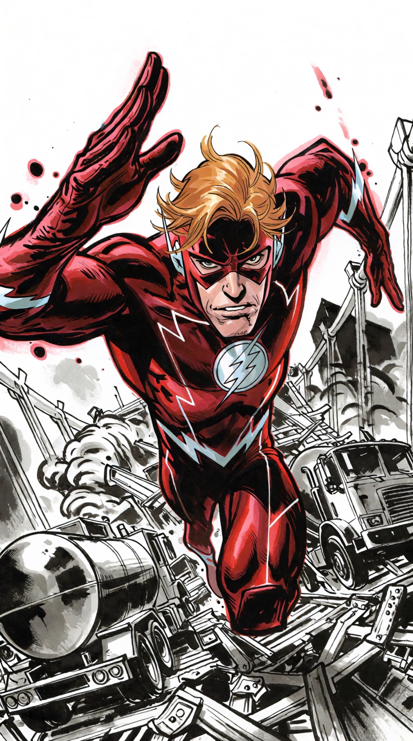 A high-octane comic book splash illustration depicting a scarlet speedster hero sprinting head-on toward the viewer with e...