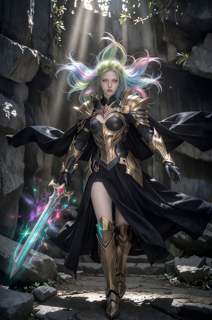 A mysterious female knight with glowing red eyes stands inside a dark cavern shaft,  bathed in a single beam of light from...