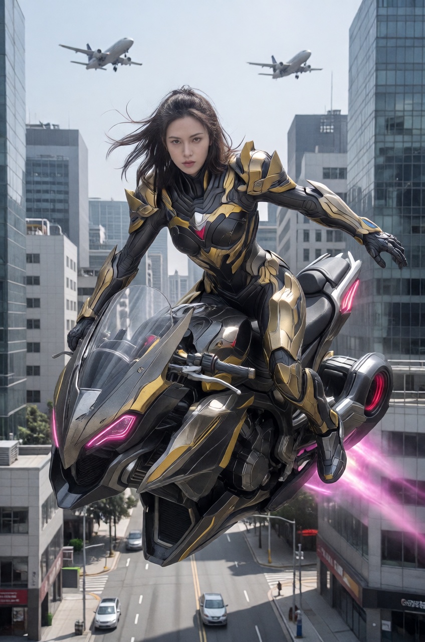 A woman clad in a sleek black and gray armored suit with yellow accents leans forward as she pilots a dark metallic hoverb...