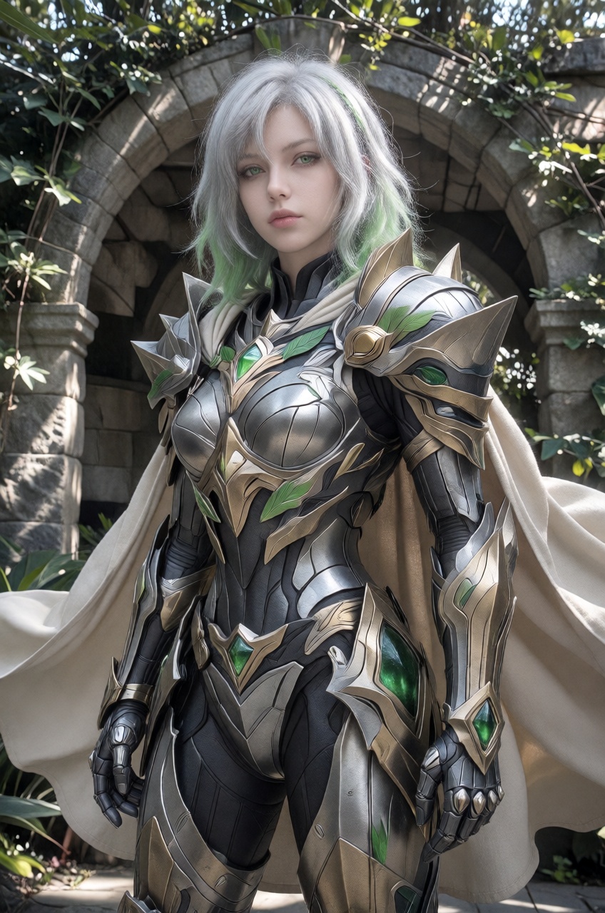 A green eyed warrior woman with short silver hair tinged with light green tips poses in front of an ancient stone archway...