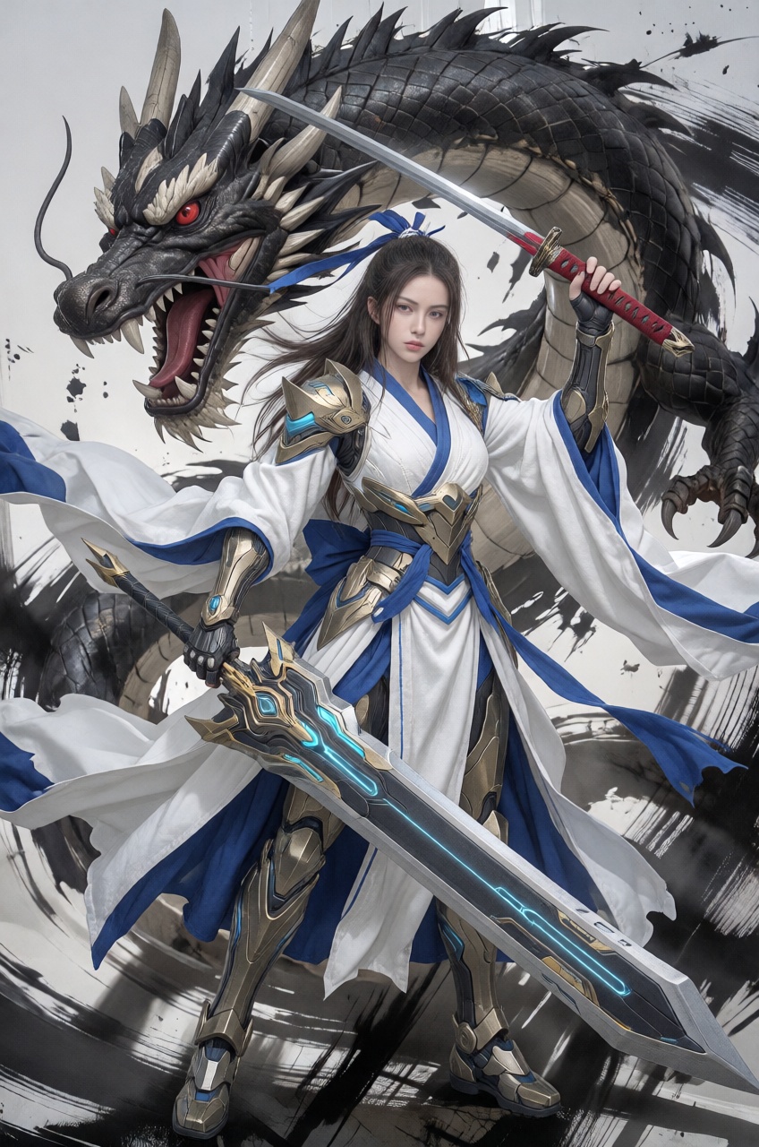 A female warrior with long dark hair stands resolutely in flowing white and blue robes accented with mechanical arm and le...