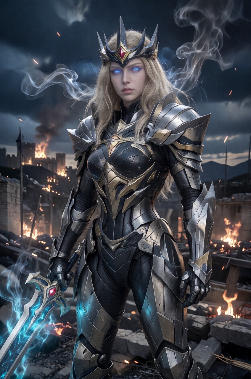 A stern queen with glowing blue eyes and long blonde hair crowned with a dark silver coronet stands amidst the smoldering...