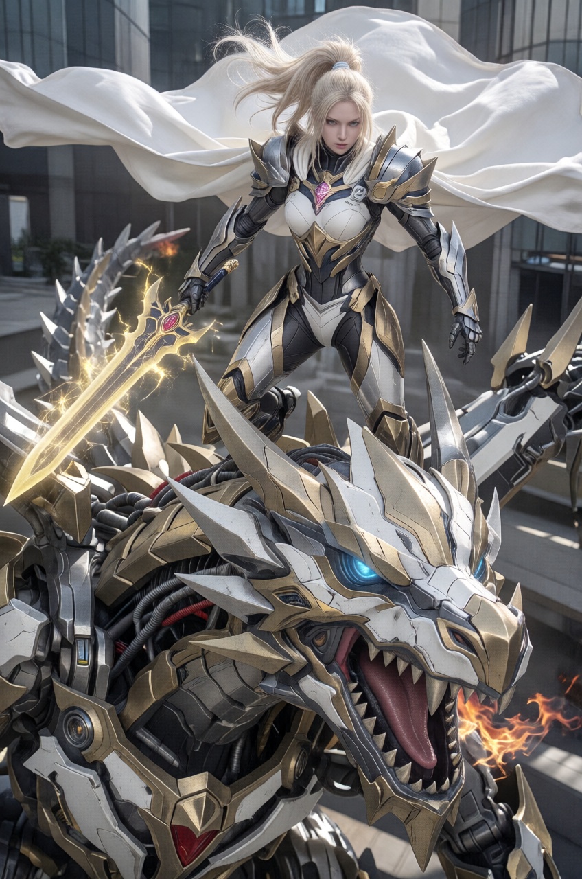 A fierce female knight clad in sleek white plate armor and a billowing white cape stands atop the head of a massive mechan...