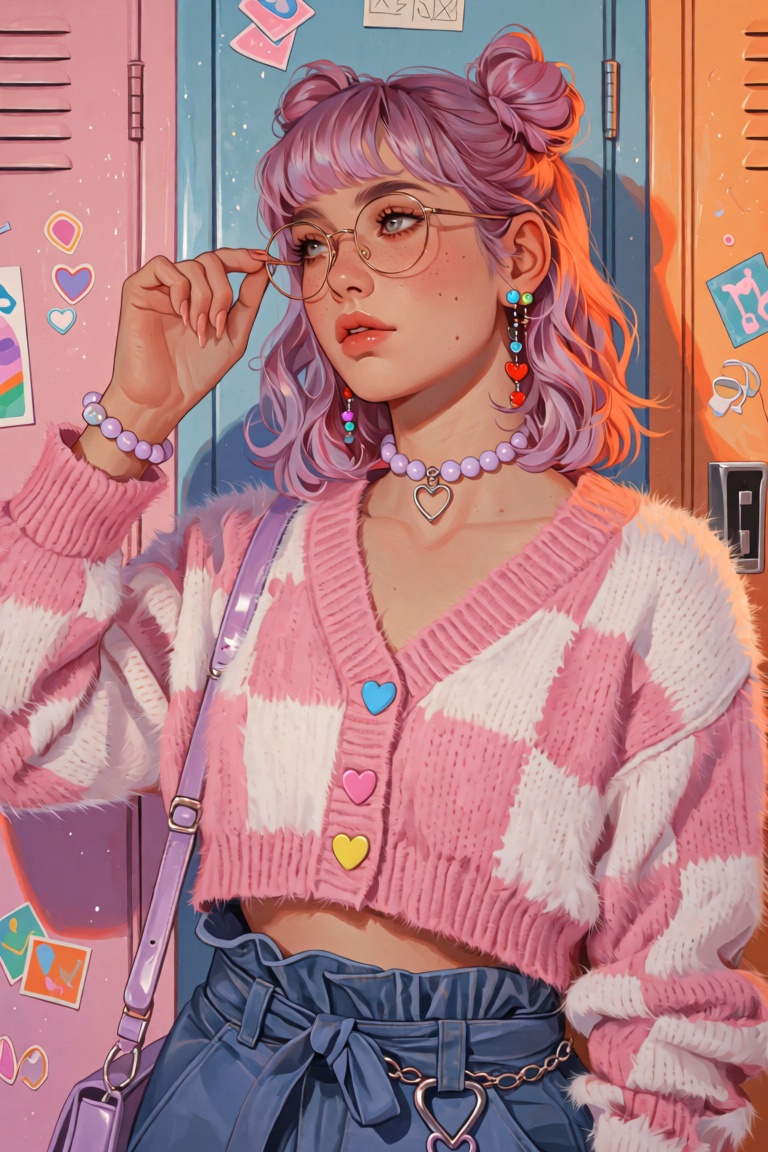A vibrant pastel portrait of a young woman in a retro-kawaii college locker scene,  mid-shot,  three-quarter pose on Tenso...