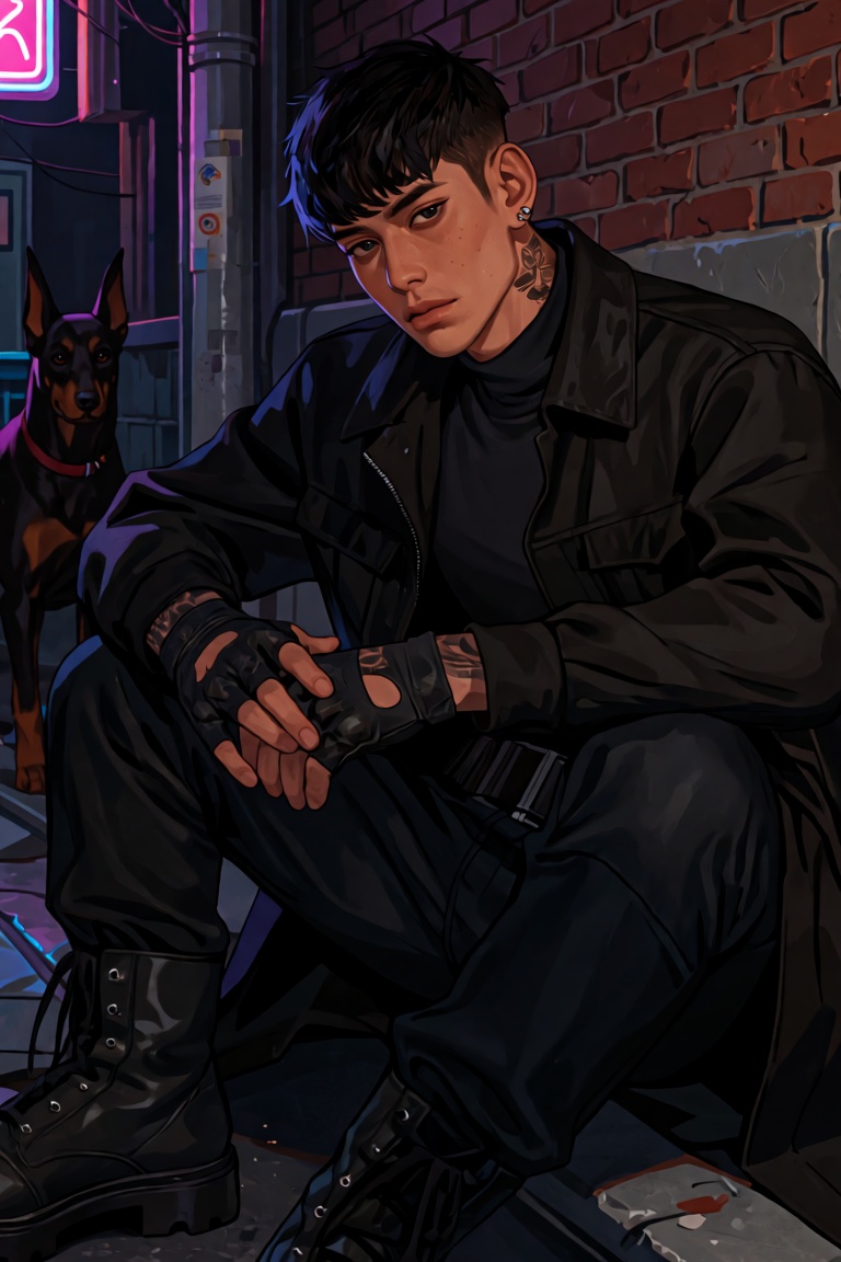 An Asian male,  with dark hair,  is depicted sitting alone in an alley at night. He is dressed in black pants and a jacket...
