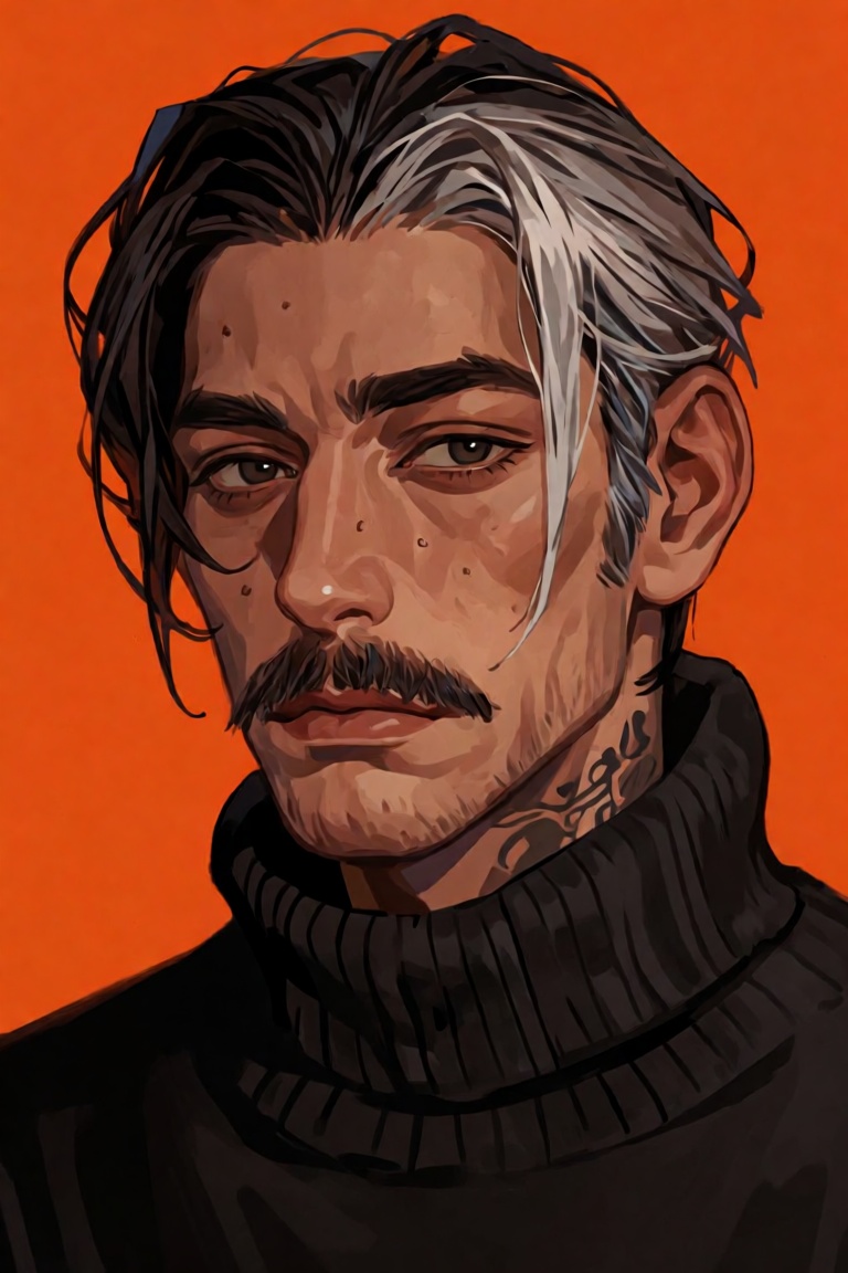 A man with dark hair that is partially dyed silver. The hair is combed back,  with a long strand falling over his forehead...