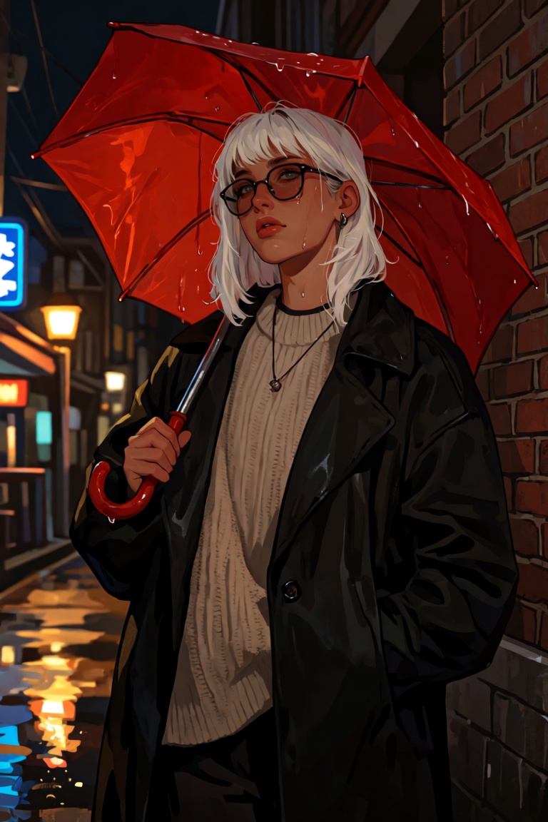 young woman with stark white-blonde hair,  wearing an oversized black trench coat over a chunky cream knit sweater,  stand...