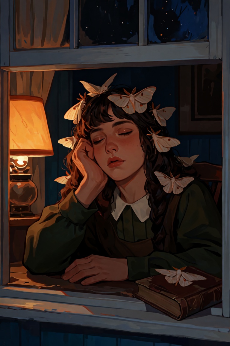 Portrait of a sleepy girl at a night window with a crown of pale moths resting in her dark hair,  wings opening and closin...