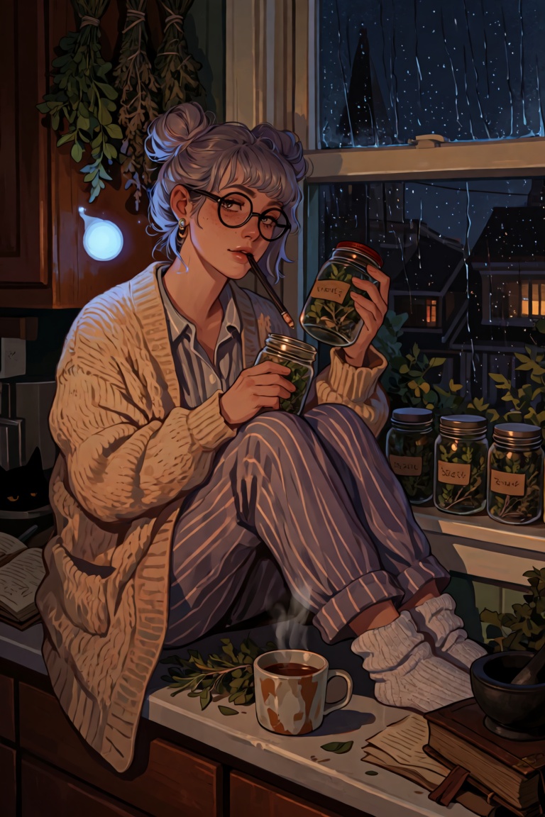 A young woman with lavender-grey hair in space buns and black round glasses,  sitting sideways on a wide kitchen windowsil...
