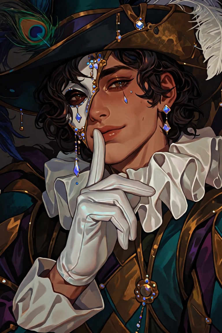 A detailed,  waist-up portrait captures the playful demeanor of a harlequin jester. He wears an elaborate half-mask adorne...