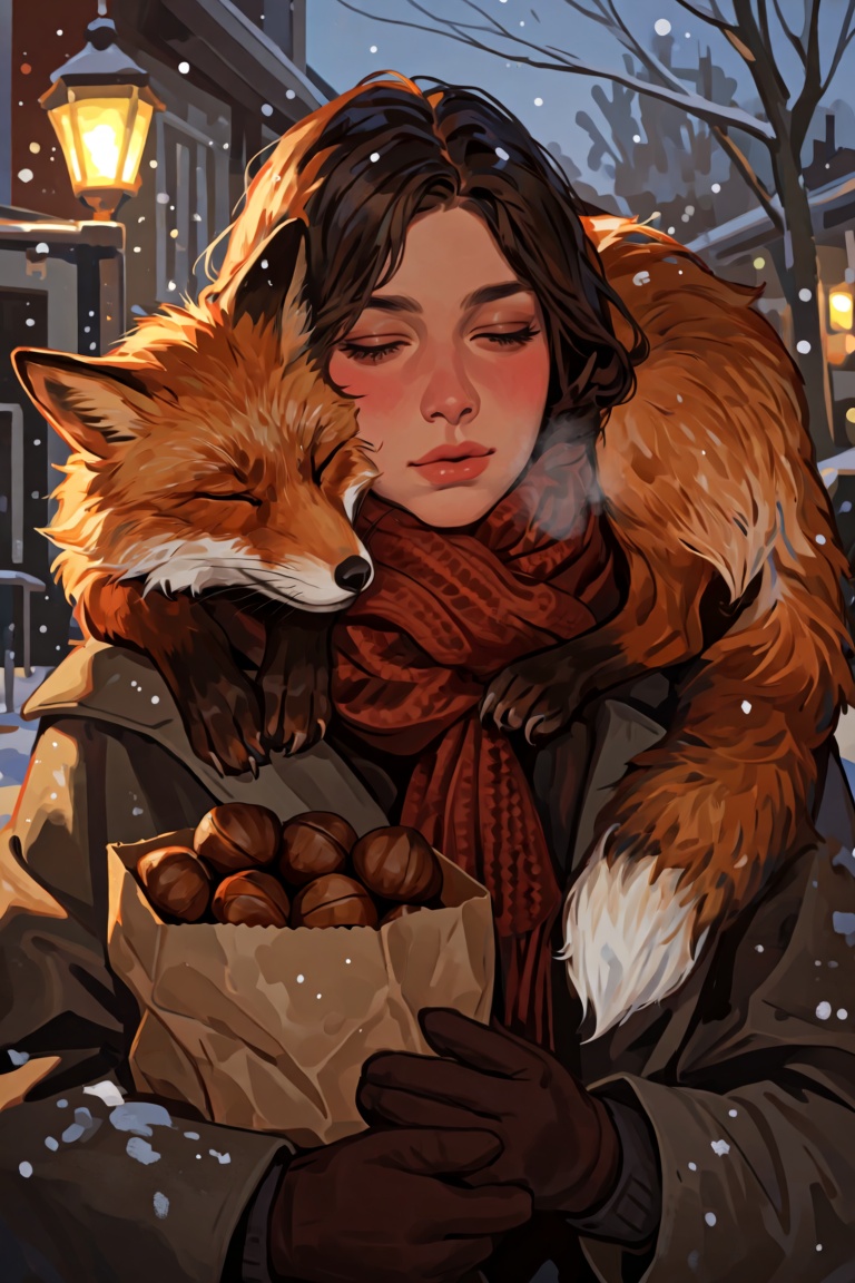 Portrait of a young woman in a winter coat with an orange fox draped around her neck like a stole,  asleep,  its tail hang...