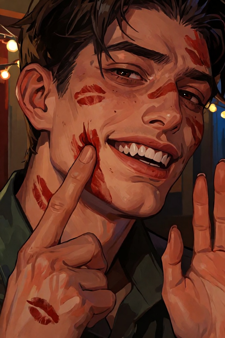Close-up. A young man's cheek,  jaw,  and neck are covered in overlapping lipstick marks in three different shades of red...