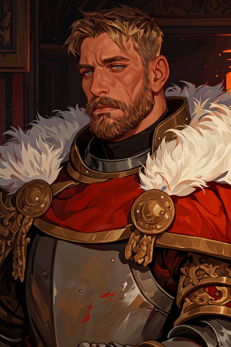 a muscular,  bearded man with blonde hair and blue eyes. He wears a red,  fur-trimmed cape over ornate on Tensor.Art
