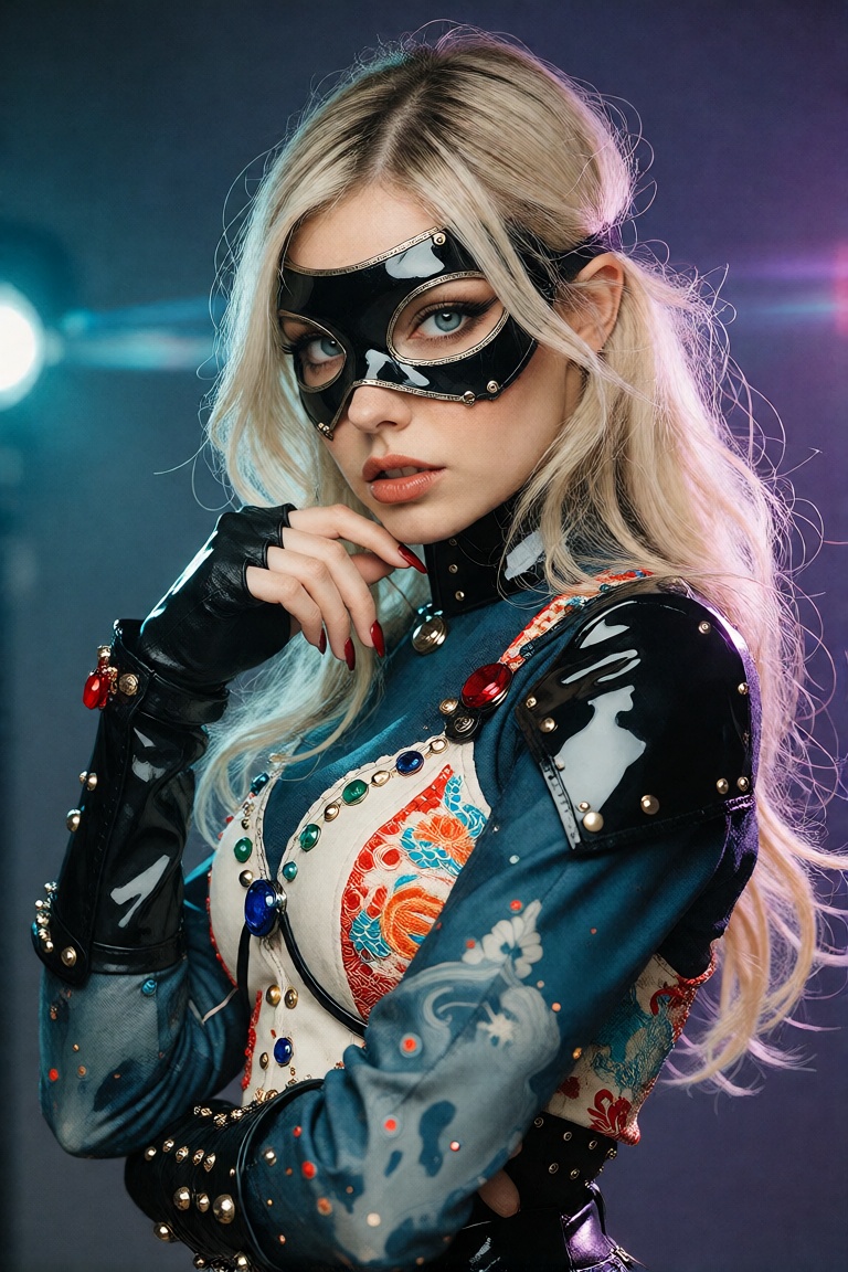 A stunning young blonde woman with long flowing golden hair cascading over her shoulders in soft waves,  cosplaying as a J...