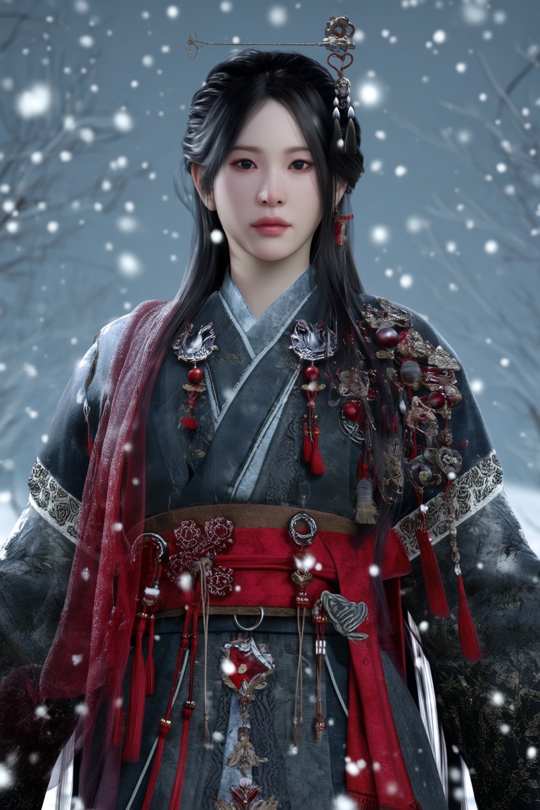 The image depicts a person dressed in traditional East Asian attire,  specifically a kimono with intricate patterns and a...