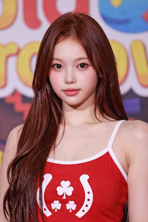 The image shows a young woman with long,  straight,  reddish-brown hair. She is wearing a red **** top with white straps....