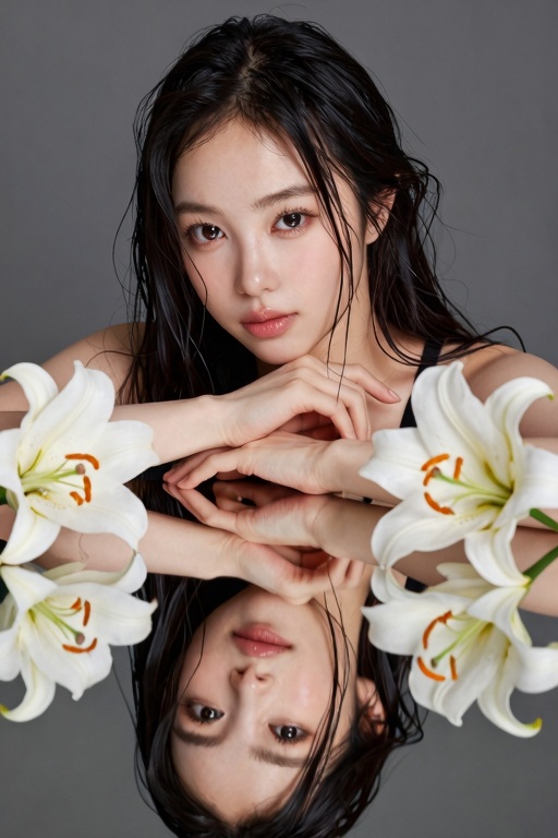 A high-fashion studio portrait of a beautiful young Asian woman with long,  wet,  messy black hair. She is resting her chi...