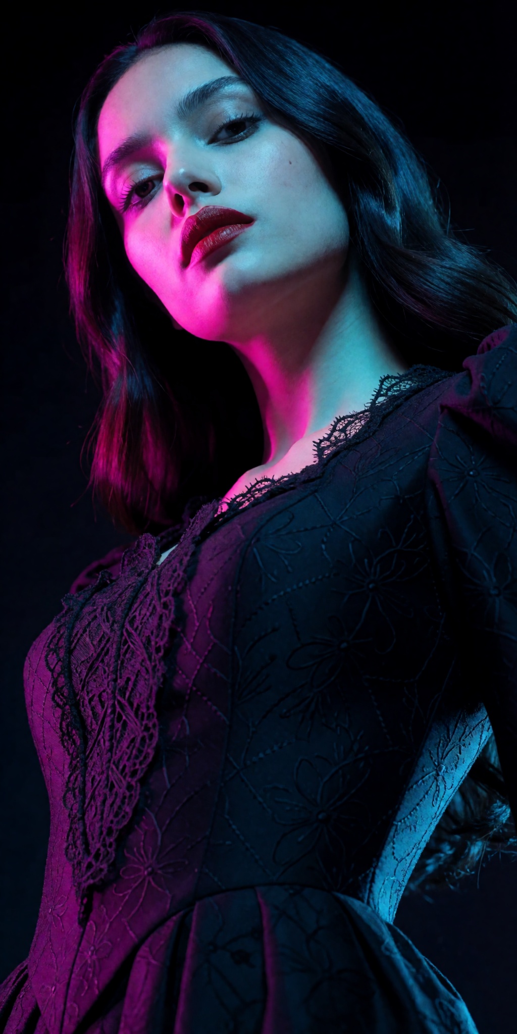 An ultra-realistic cinematic high-fashion photograph captured from an extreme low-angle tilt looking upward from waist lev...