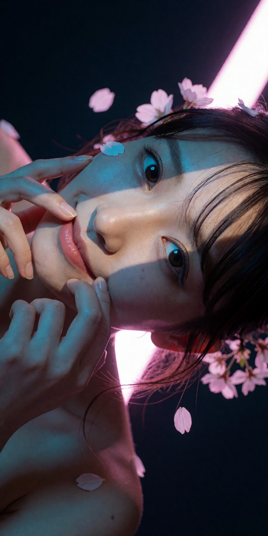 A raw,  photorealistic macro fashion portrait captured at a steep high-angle Dutch-tilt perspective looking down from abov...