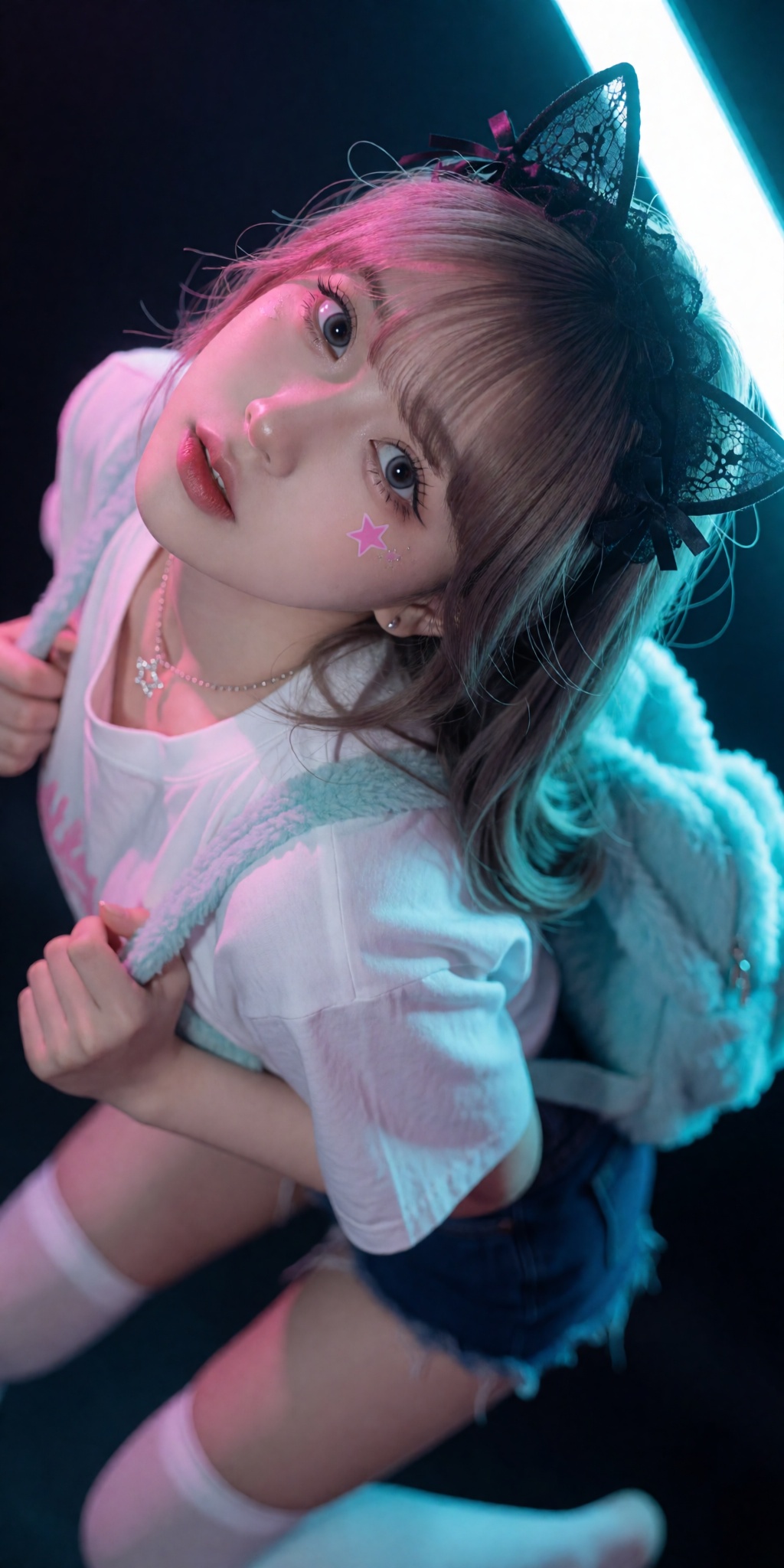 A raw,  photorealistic macro fashion portrait captured at a steep high-angle Dutch-tilt perspective looking down from abov...