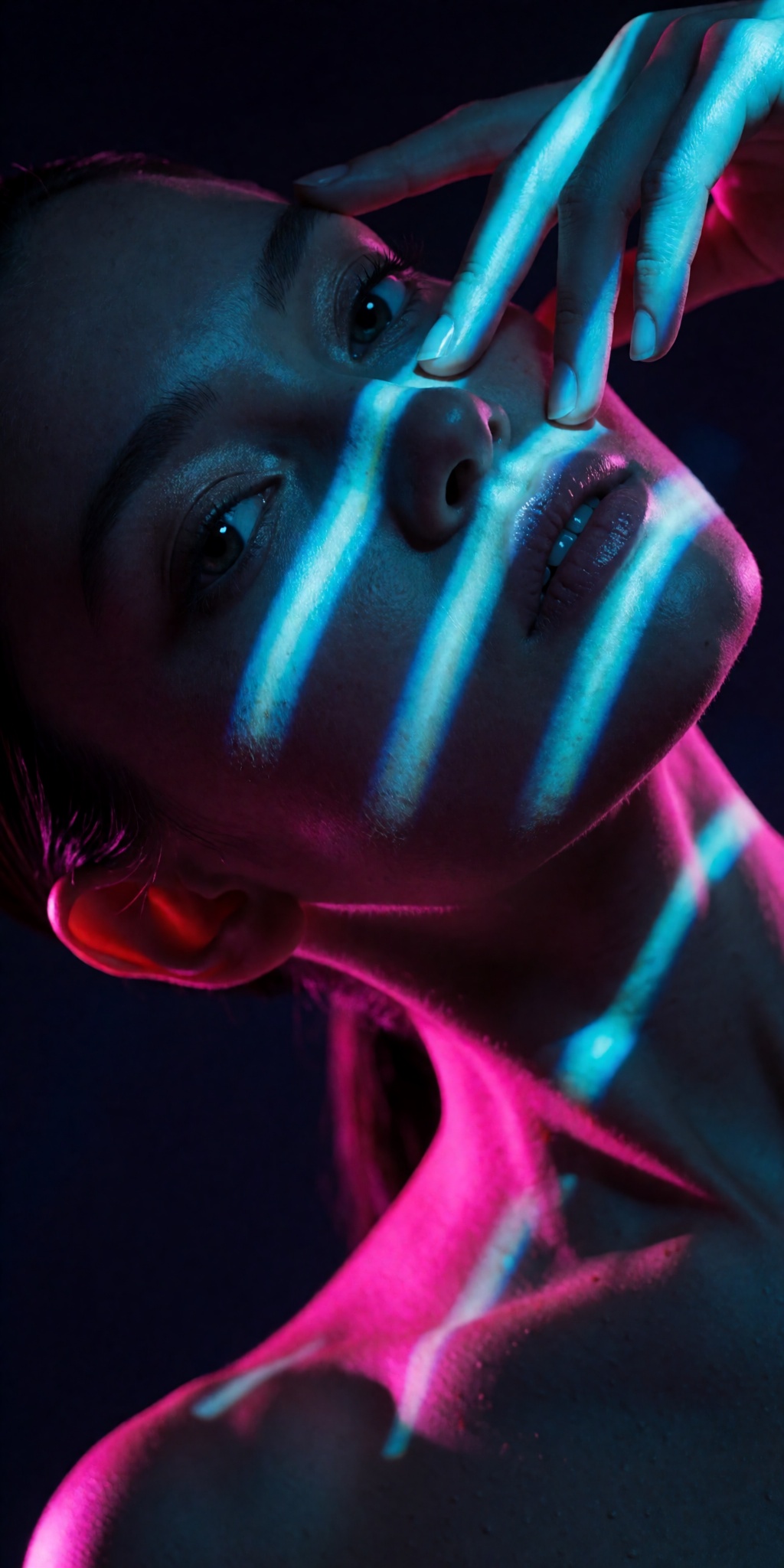 A raw,  photorealistic macro fashion portrait captured at a steep high-angle Dutch-tilt perspective looking down from abov...