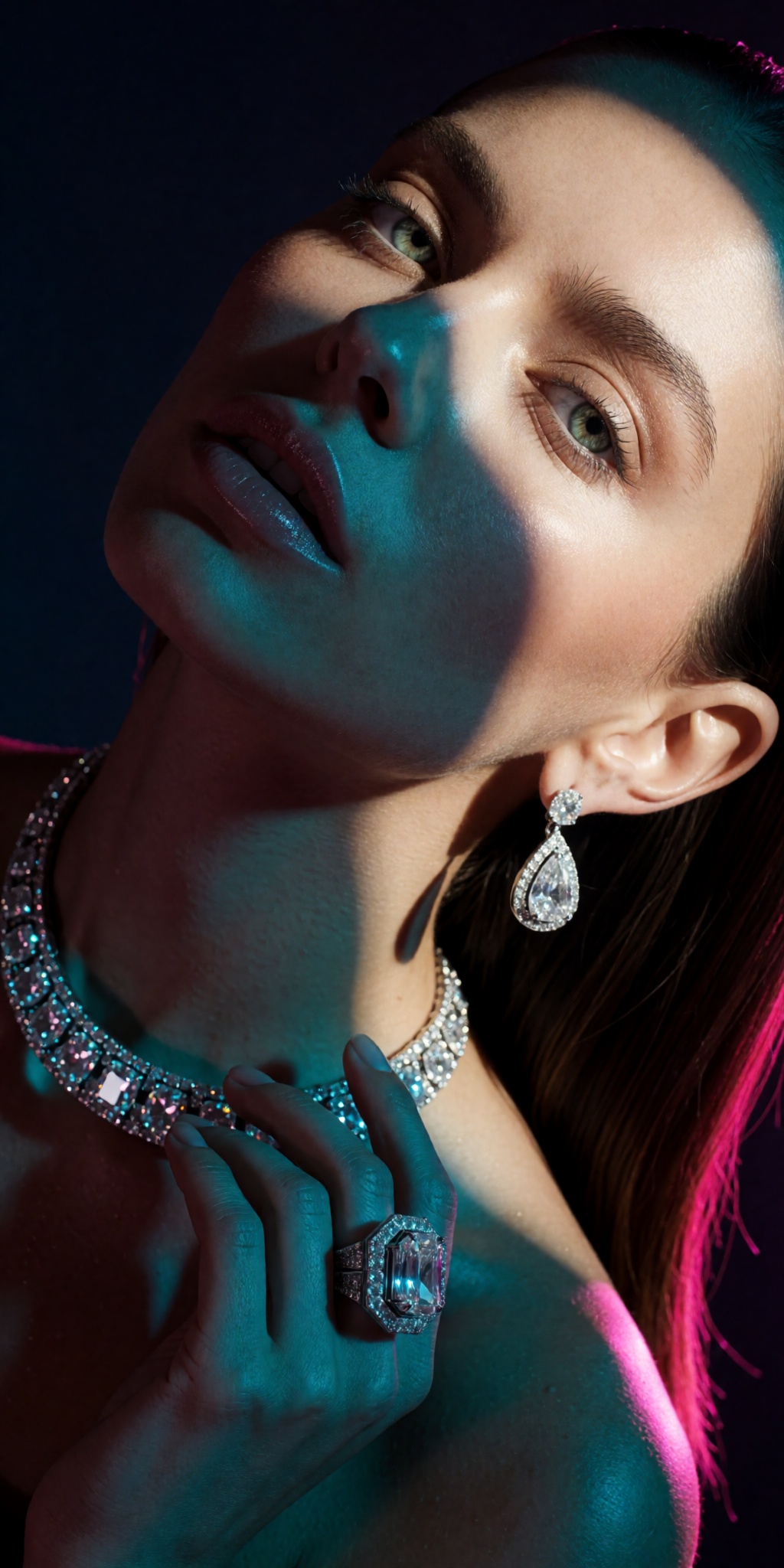 A raw,  photorealistic macro fashion portrait captured at a steep high-angle Dutch-tilt perspective looking down from abov...