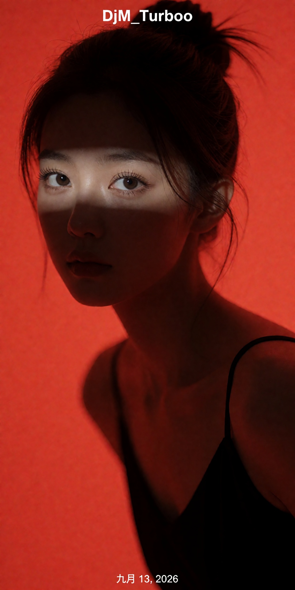 An ultra-detailed minimalist studio portrait emphasizing emotional intensity through light and shadow. A young woman with...