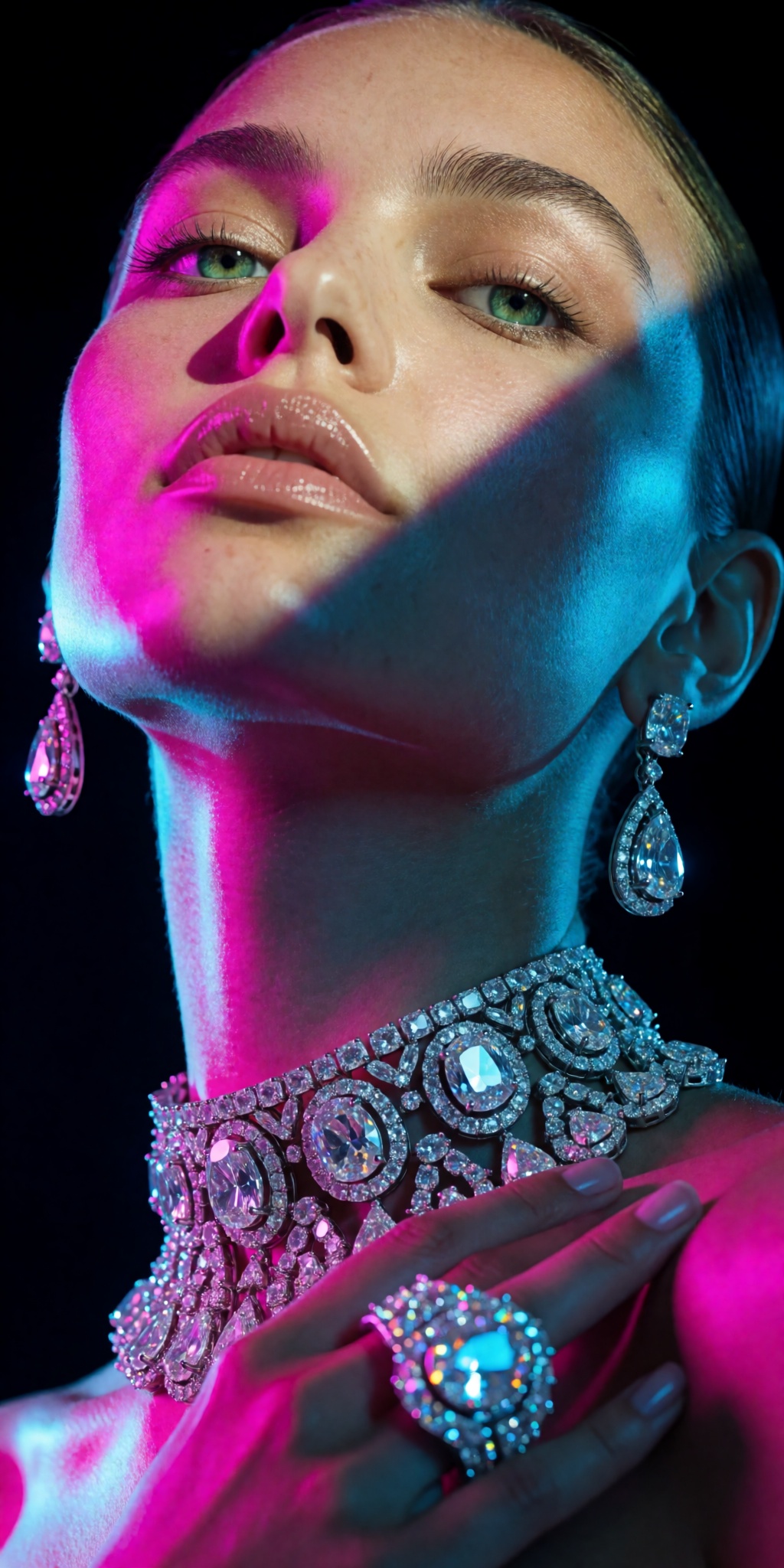 An ultra-realistic cinematic high-fashion photograph captured from an extreme low-angle tilt looking upward from chest hei...