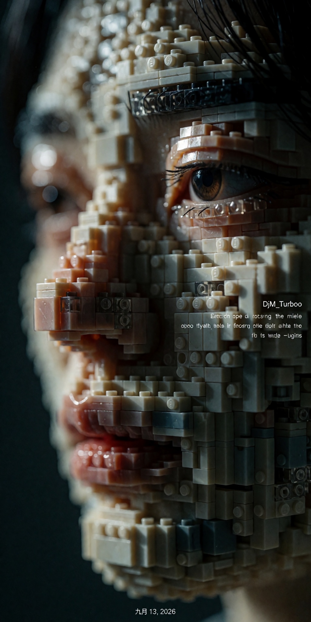 A surreal macro portrait of a contemplative human face sculpted entirely from thousands of tiny building blocks arranged w...