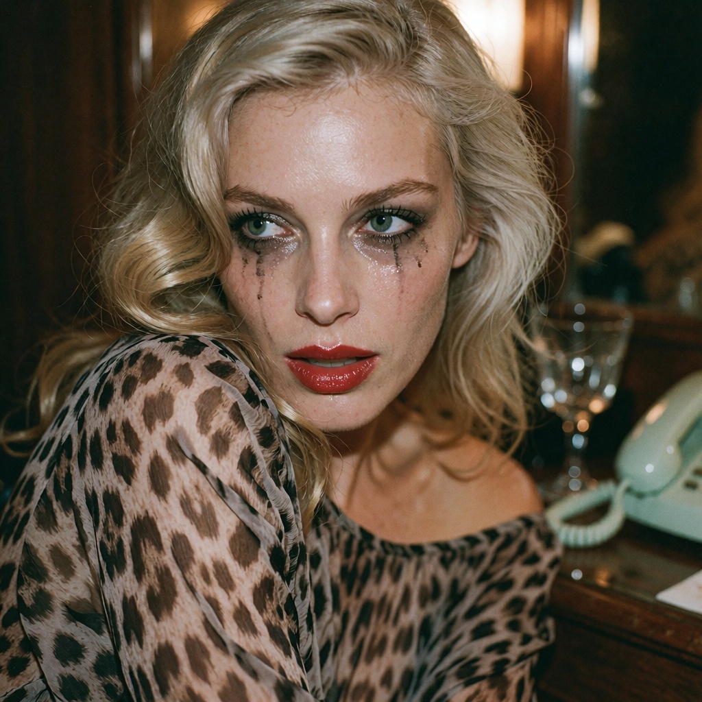Digital fashion-magazine beauty editorial photograph,  loose close-up vanity portrait with the subject leaning subtly into...