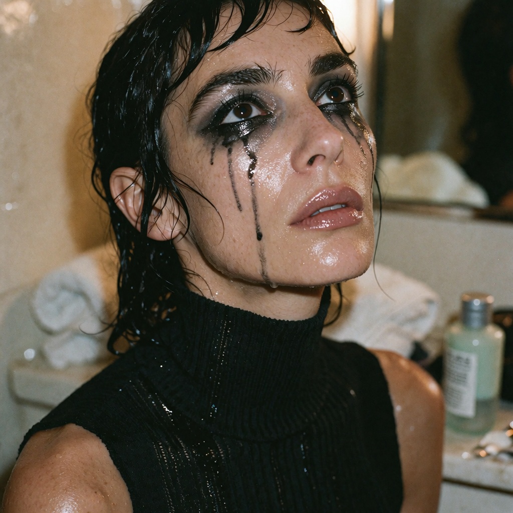 Digital fashion-magazine beauty editorial photograph,  close three-quarter vanity portrait with a strong diagonal created...