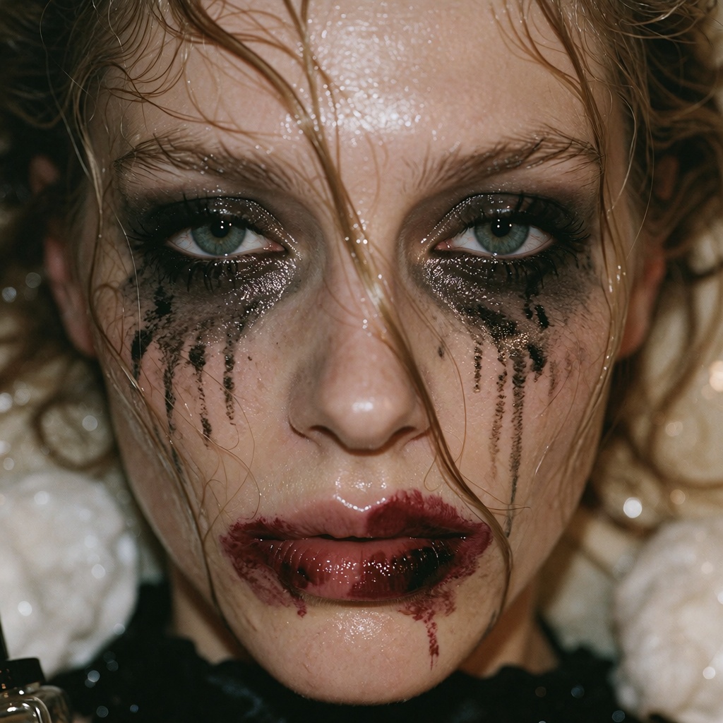 Digital fashion-magazine beauty editorial photograph,  extreme face-dominant portrait with hair crossing the frame and alm...