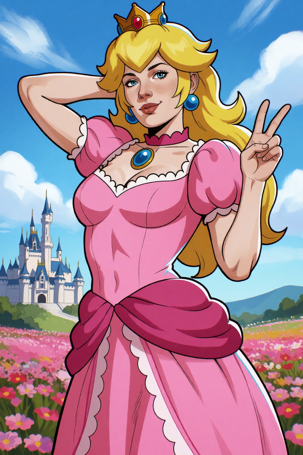 sfw. nymphennoten-style. upper body shot,  standing tall,  she has one hand behind head and the other making the peace sig...