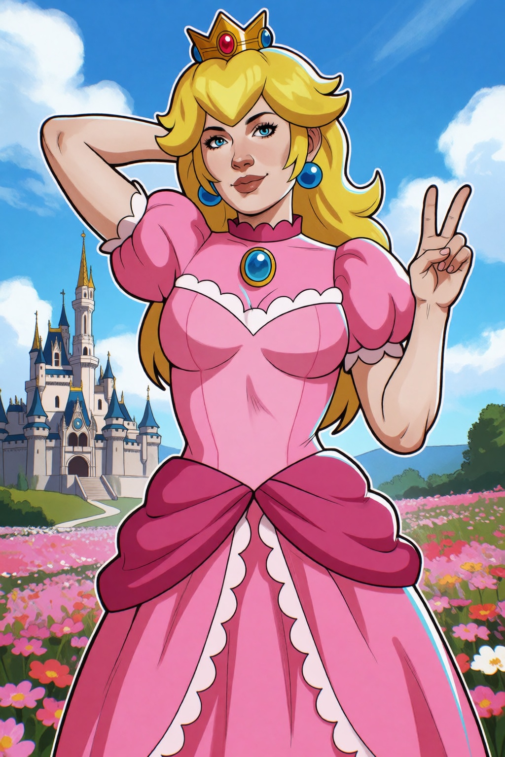 sfw. nymphennoten-style. upper body shot,  standing tall,  she has one hand behind head and the other making the peace sig...