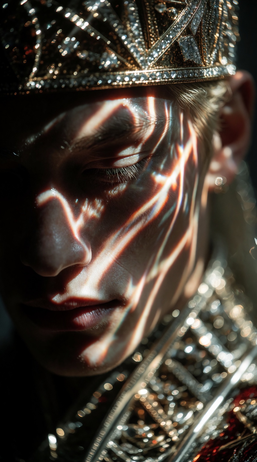 close-up portrait,  ornate regalia,  crown-like headpiece on Tensor.Art