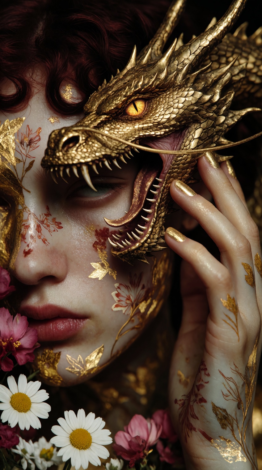 close-up portrait,  golden dragon features,  detailed scales on Tensor.Art
