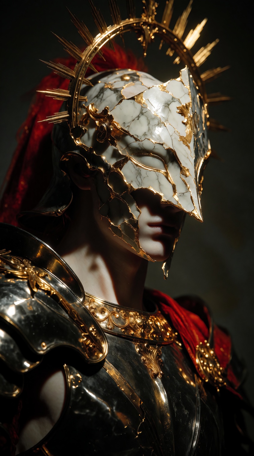 figure in profile,  elaborate armor,  dark polished metal on Tensor.Art