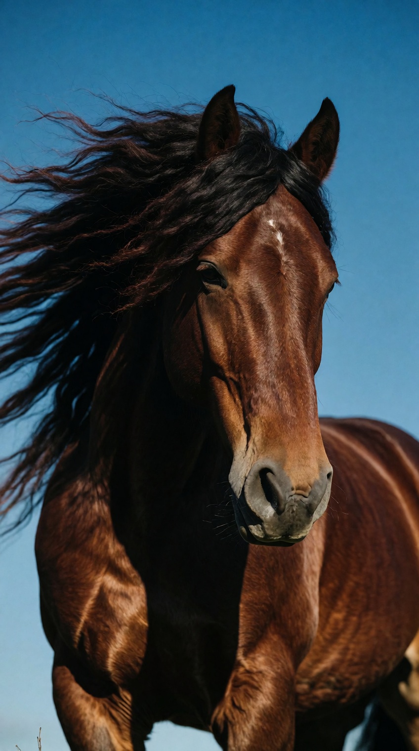 powerful chestnut horse,  vivid blue sky,  dark mane flowing on Tensor.Art