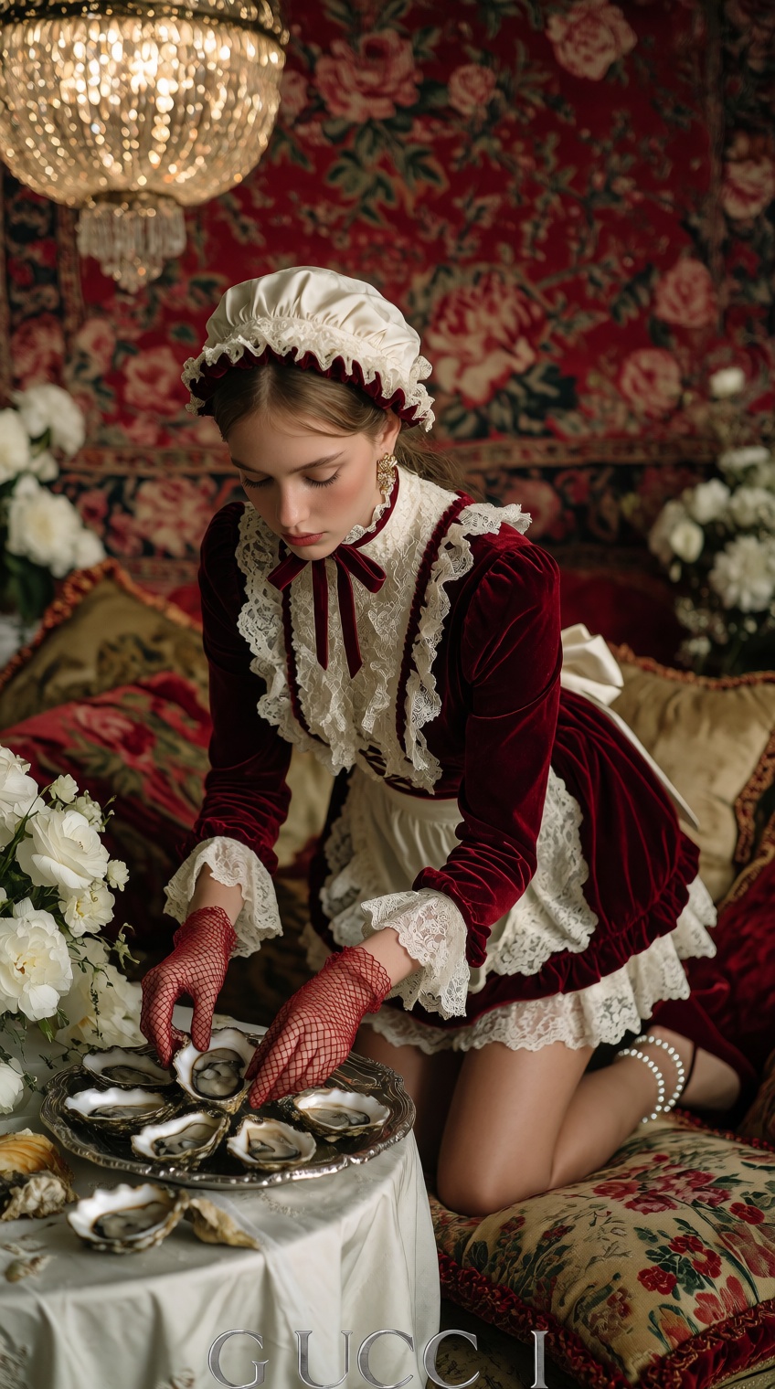vintage-inspired ensemble,  kneels beside table,  oysters on table on Tensor.Art