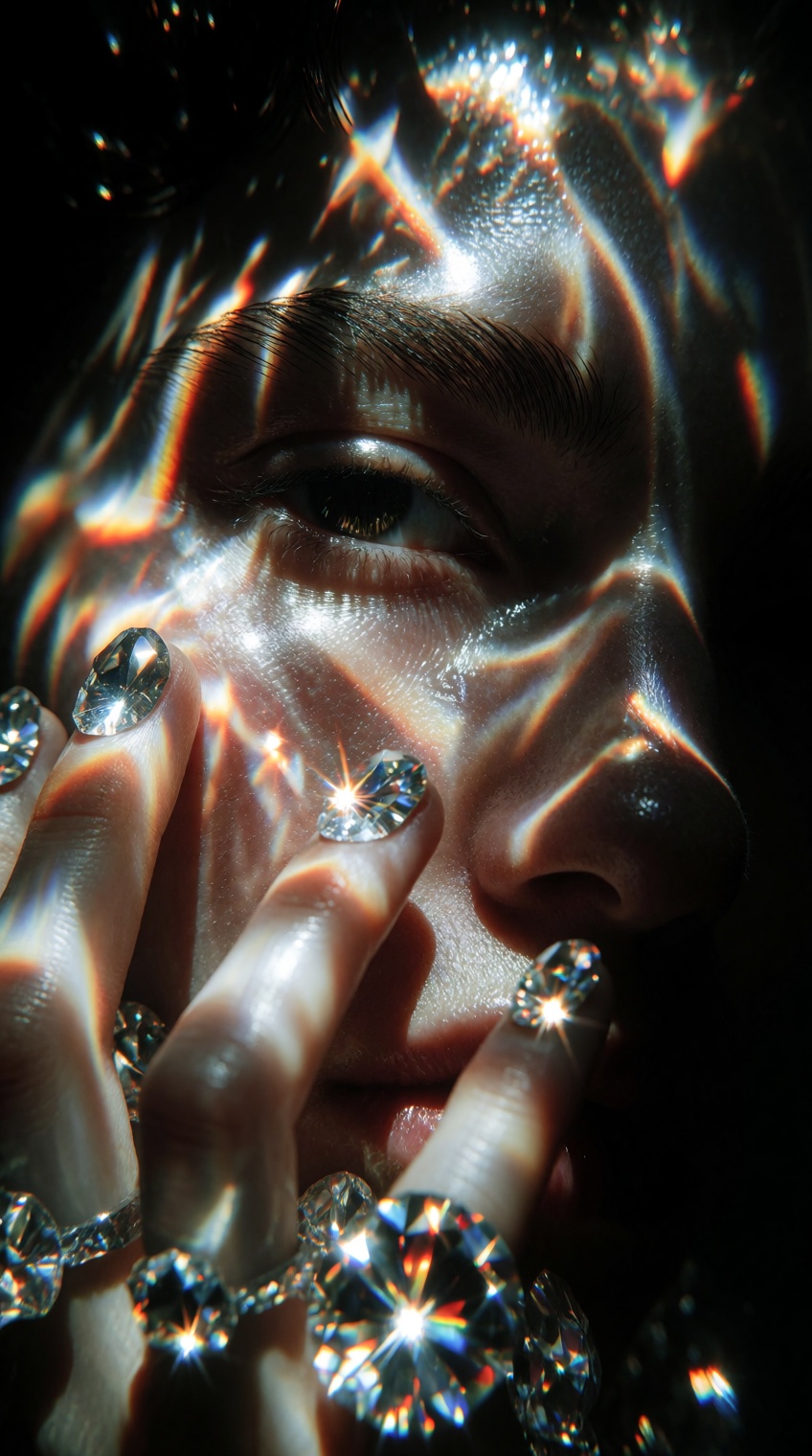 close-up portrait,  dappled light patterns,  crystalline refractions on Tensor.Art
