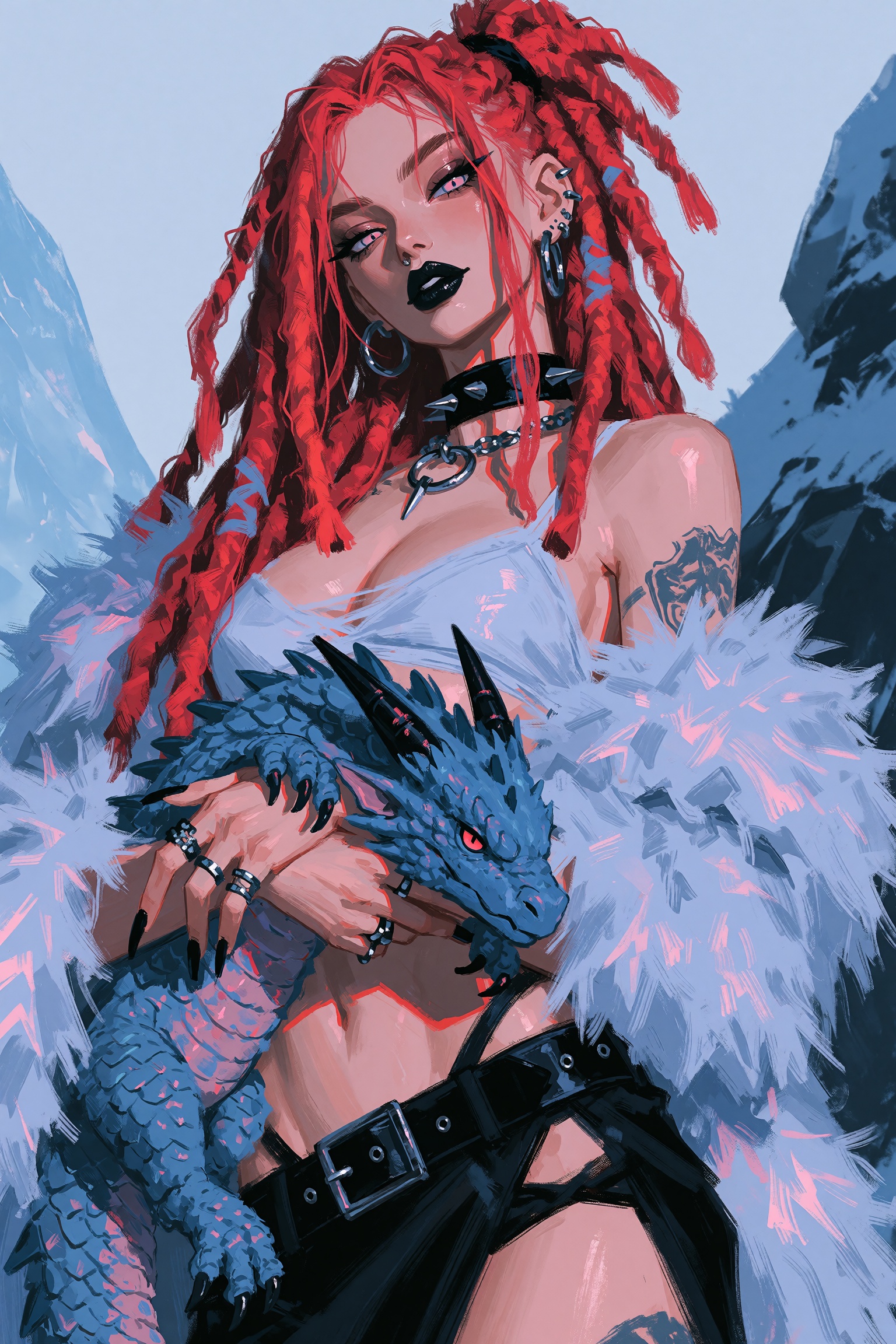 highres,  absurdres,  @M4LPH4SX A digital painting captures a striking young woman with vibrant red dreadlocks framing her...
