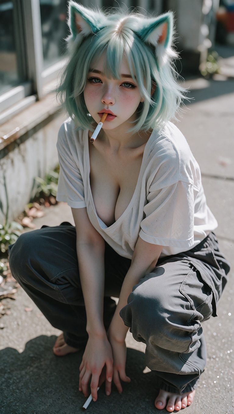 Photorealistic photo of a young woman with short teal-green bob hair and bangs,  teal cat ears,  squatting low on concrete...