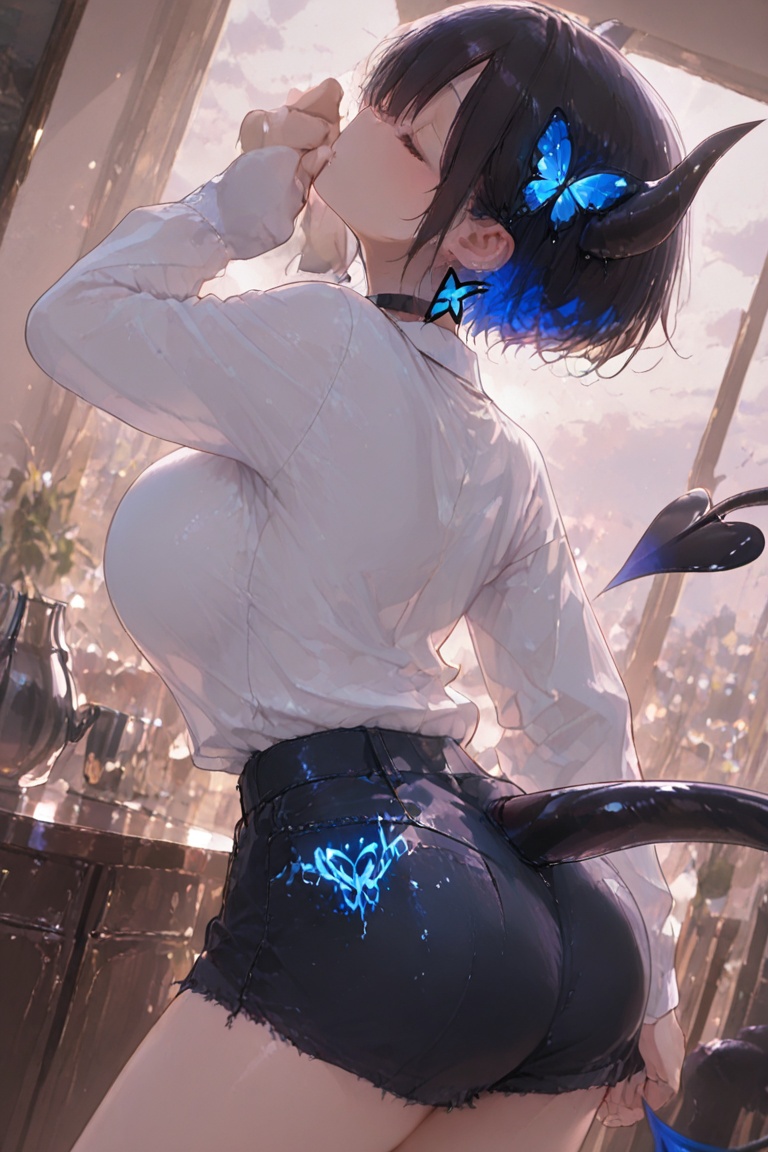 thick base of tail,  beautiful tip of tail,  Glowing earrings & blue-under-layer hair on Tensor.Art