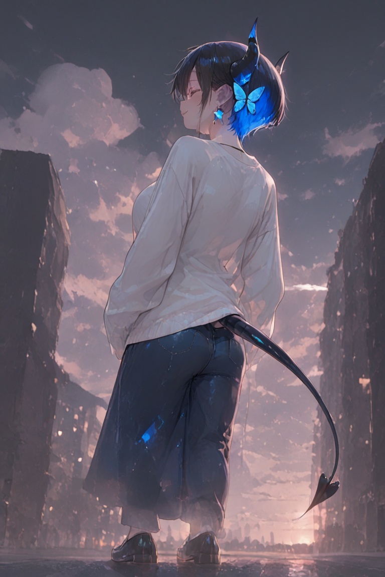 thick base of tail,  beautiful tip of tail,  Glowing earrings & blue-under-layer hair on Tensor.Art