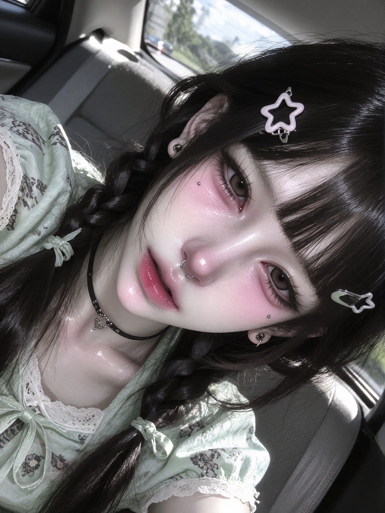 A close-up portrait of a young woman taking a casual selfie inside a car,  lying sideways against the back seat,  head til...