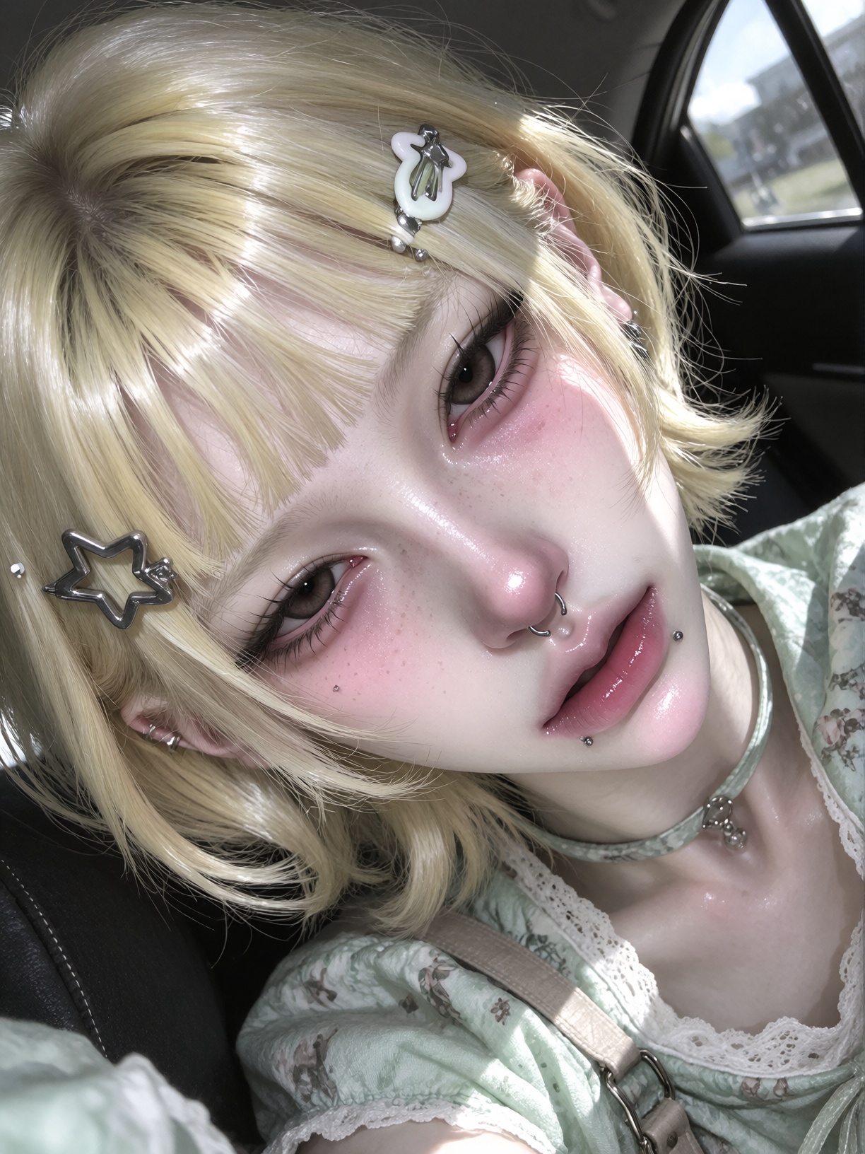 A close-up portrait of a young woman taking a casual selfie inside a car,  lying sideways against the back seat,  head til...